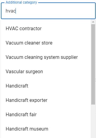 A screenshot of GMB category auto-filling for an HVAC company