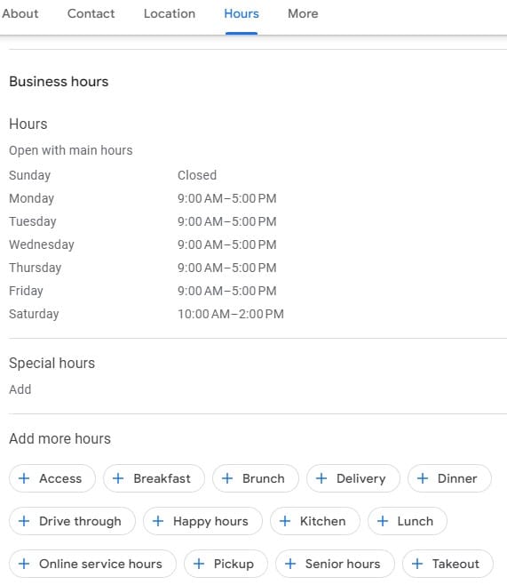A screenshot of where to add hours and additional information to GMB