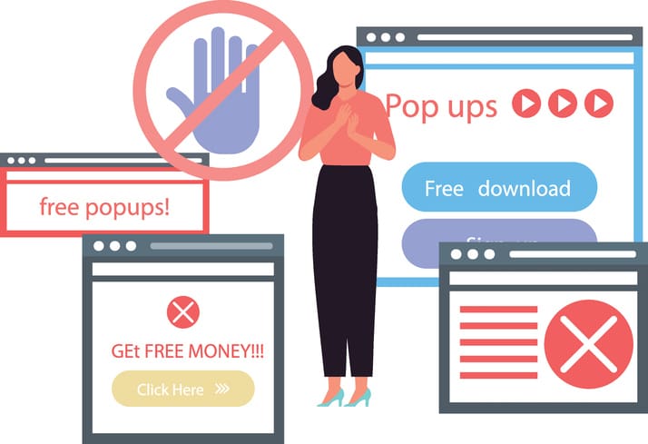 A cartoon woman with popup ads all around her