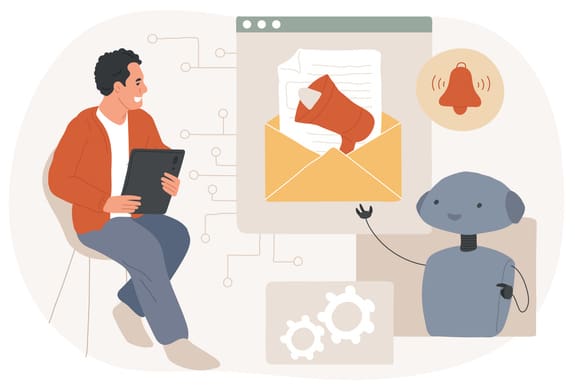 A man in a chair looking at a robot creating an email