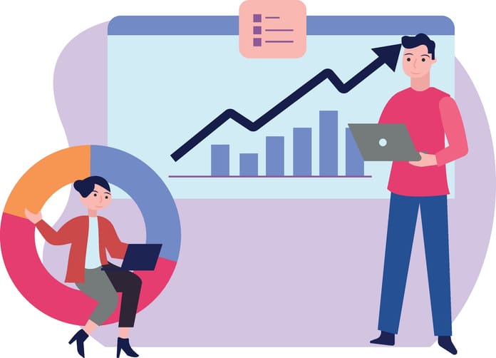 A drawing of a man and woman standing in front of a sales chart
