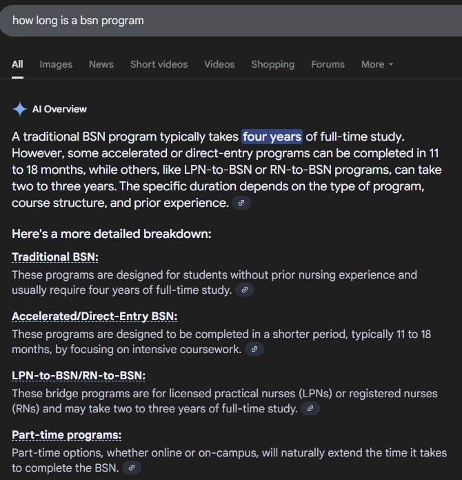 Search results for "how long is a bsn program" with an AI response