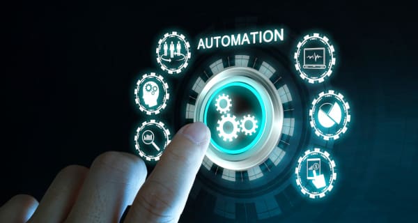 A clear screen with the word automation on it and several icons representing kinds of marketing automation around it