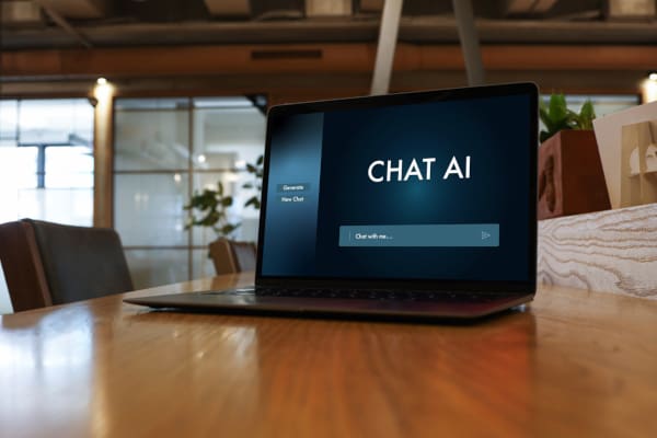 A laptop sitting on a table with the words chat AI on the screen