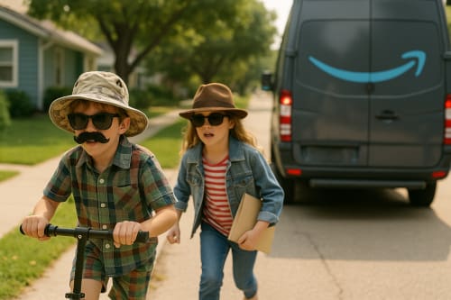 An AI generated image of two kids in disguises running away from a delivery truck