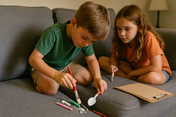 Two kids on a couch using a spoon and paintbrush to sift through bits of crayons