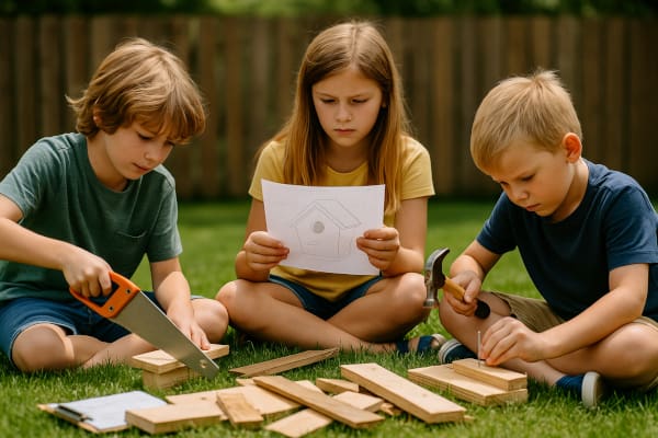 An AI generated image of three kids in a backyard attempting to build a birdhouse