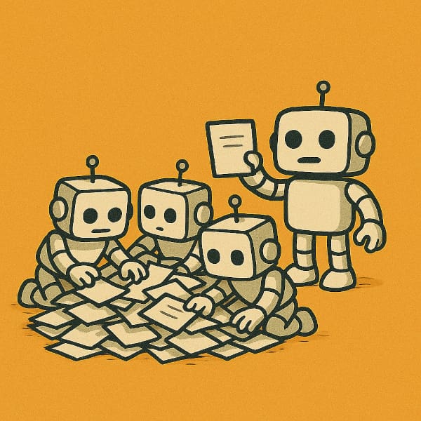 Cartoon robots sorting through papers with one standing and holding a piece of paper
