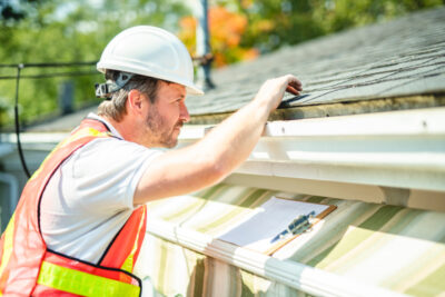A man in a hard hat inspecting a roof